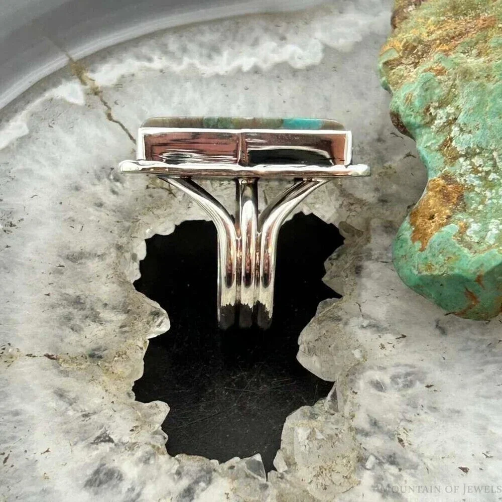 Native American Sterling Rectangle Boulder Ribbon Turquoise Bar Ring Size 7.25